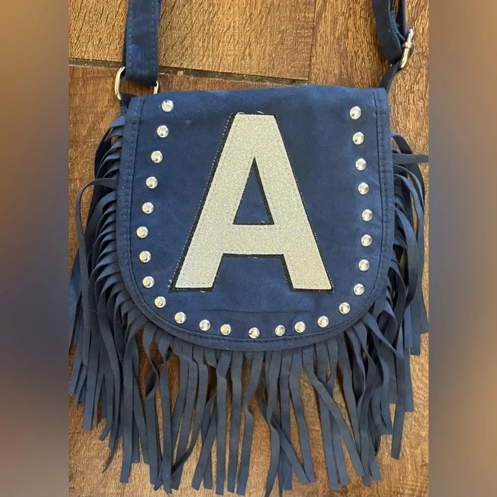 Justice girls faux suede purse with fringe sparkly A initial